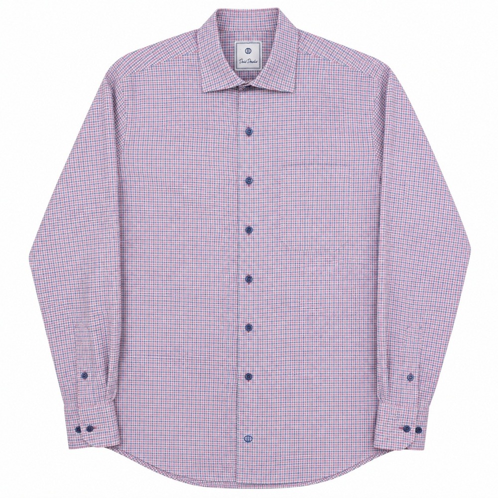 David Donahue Button Up Shirt Mens L Pink Blue Micro Check Long Sleeve Cotton